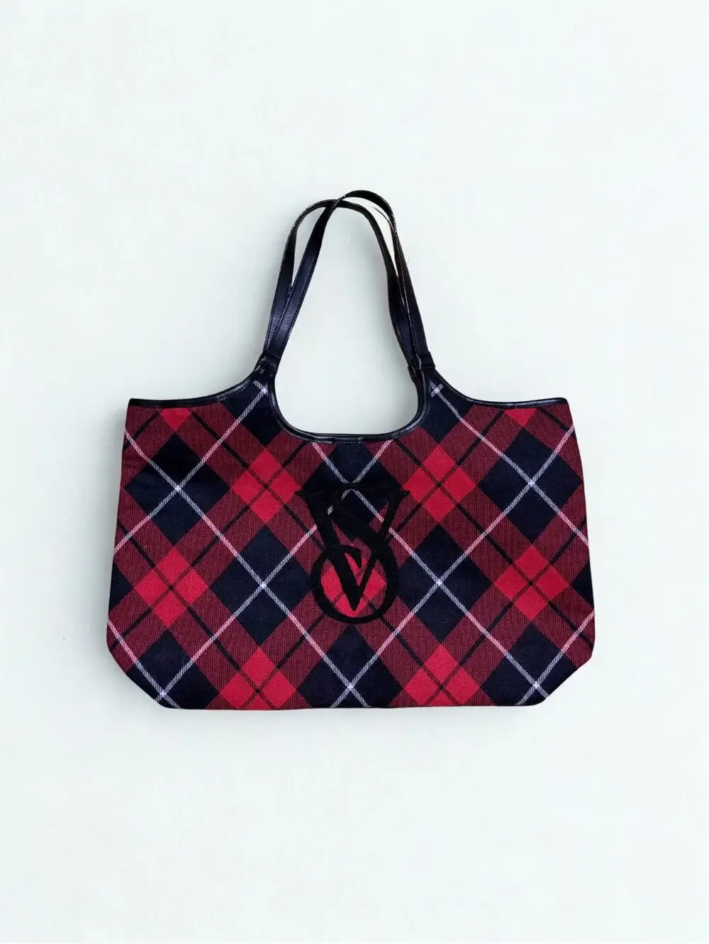 Victoria’s Secret Red Tartan Plaid Black Faux Leather Handle Tote Bag
